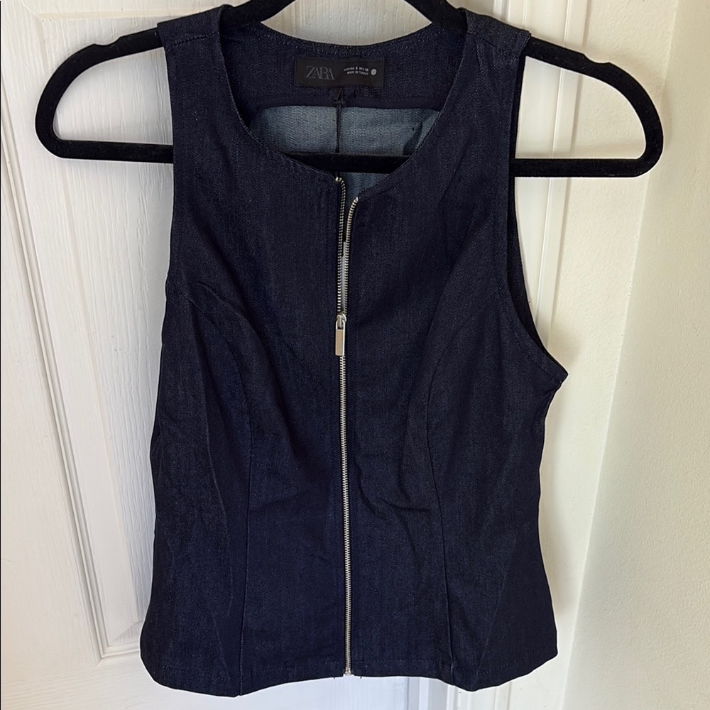 NWT Zara Dark Blue Denim Zip-Up Vest